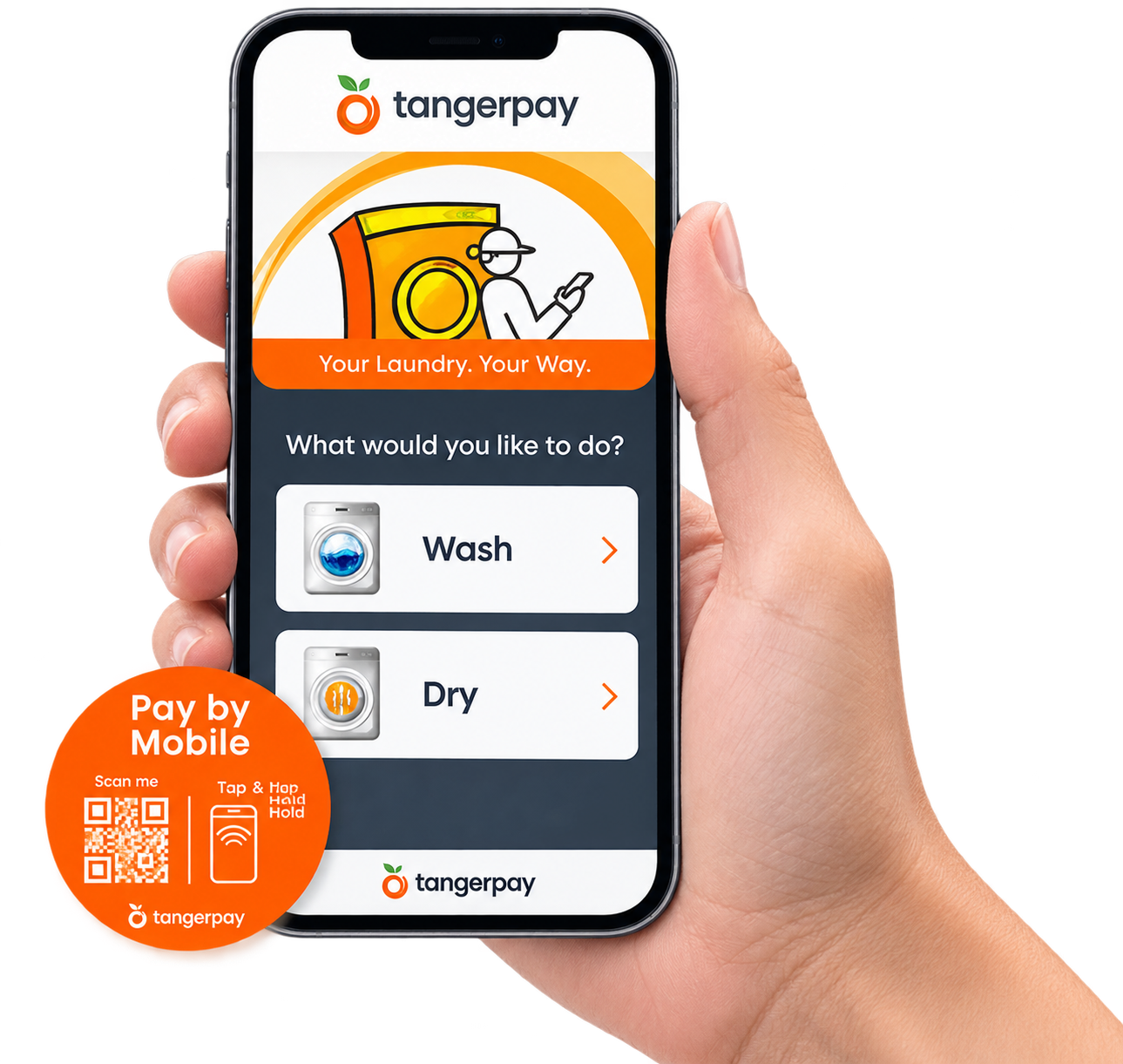 Tangerpay Mobile Pay shown on a smartphone with the Pay by Mobile NFC and QR tag