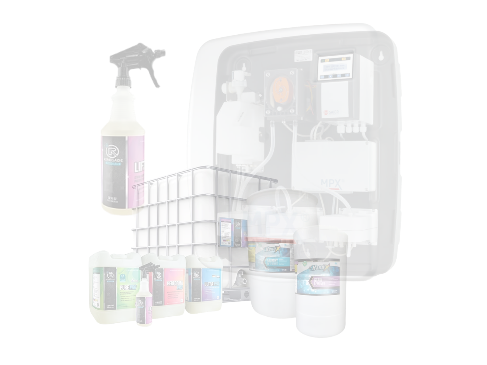 Automatic chemical dosing equipment installed alongside laundry chemistry containers