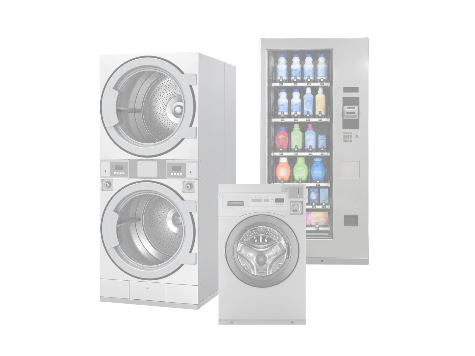 Row of commercial washers and dryers in a vended laundromat