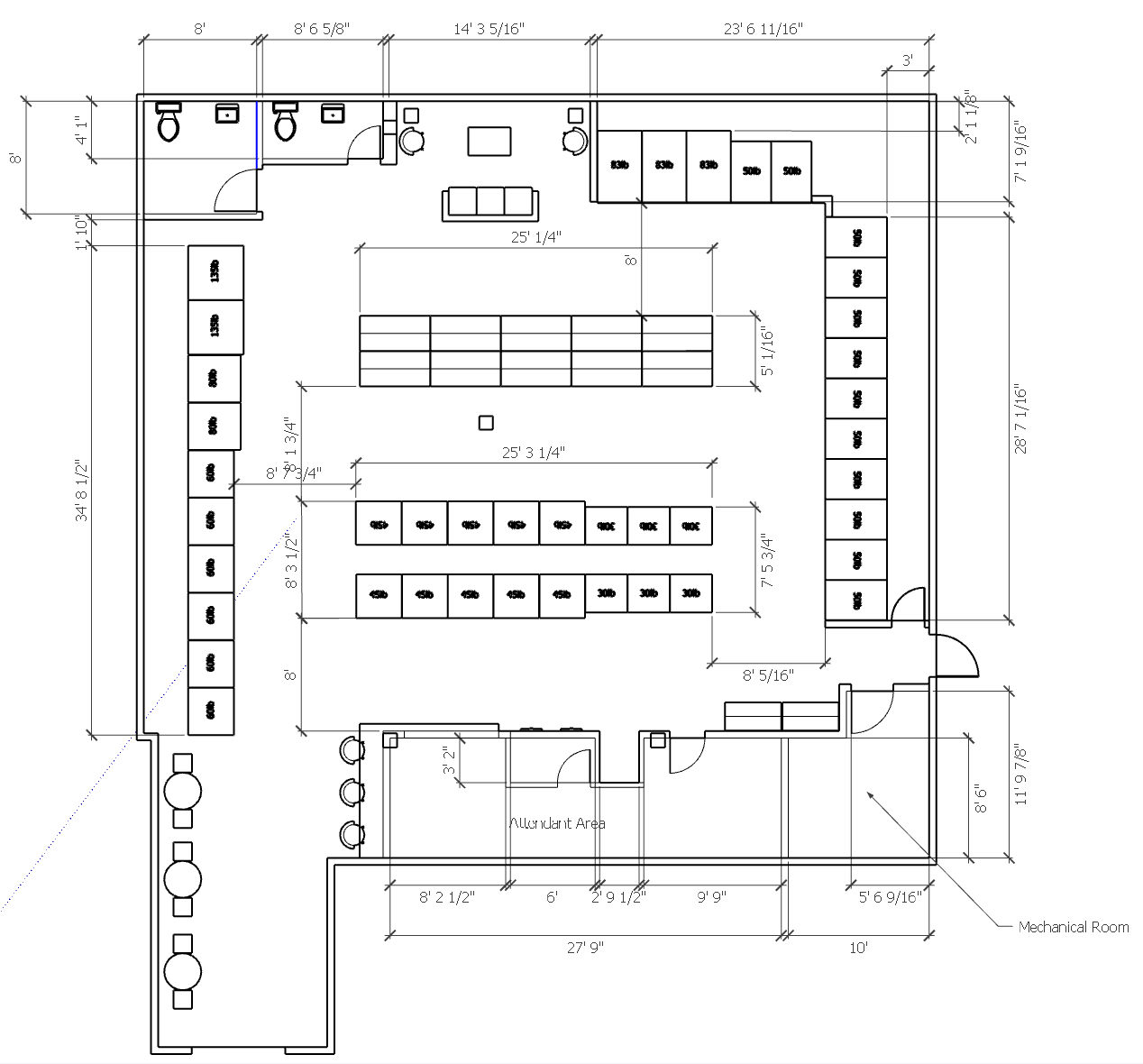 Laundromat floor plan drawing showing equipment layout and dimensions