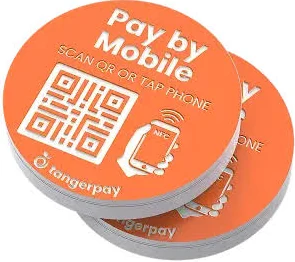 A stack of Tangerpay Pay by Mobile QR and NFC tags