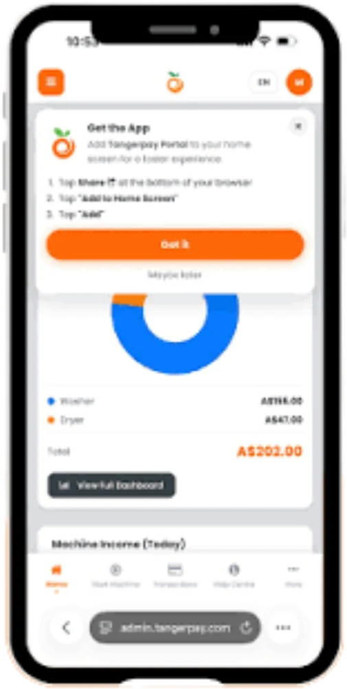 The Tangerpay Portal on a smartphone, showing controls and usage charts