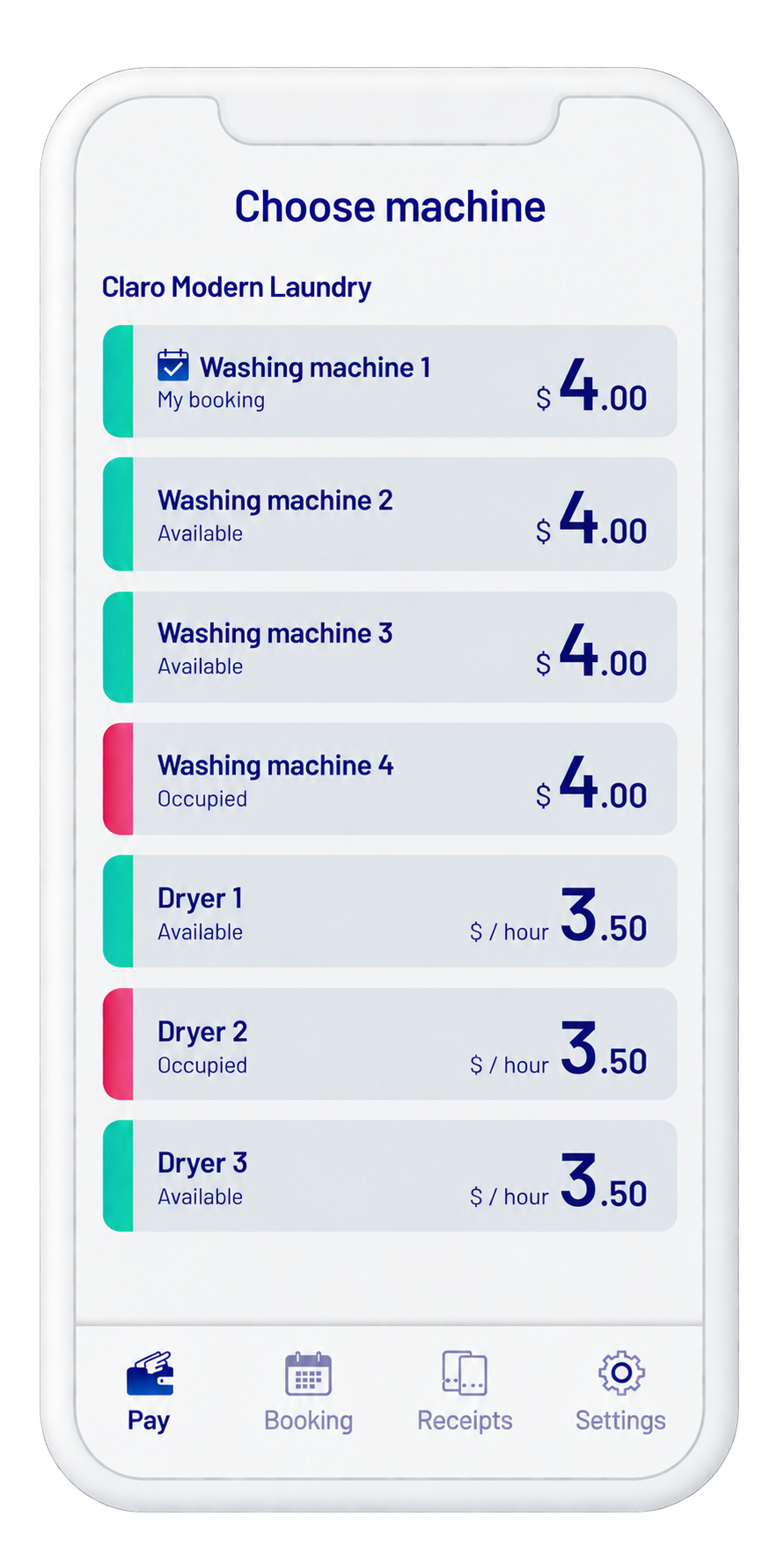 Paying for a laundry cycle in the Airwallet mobile app